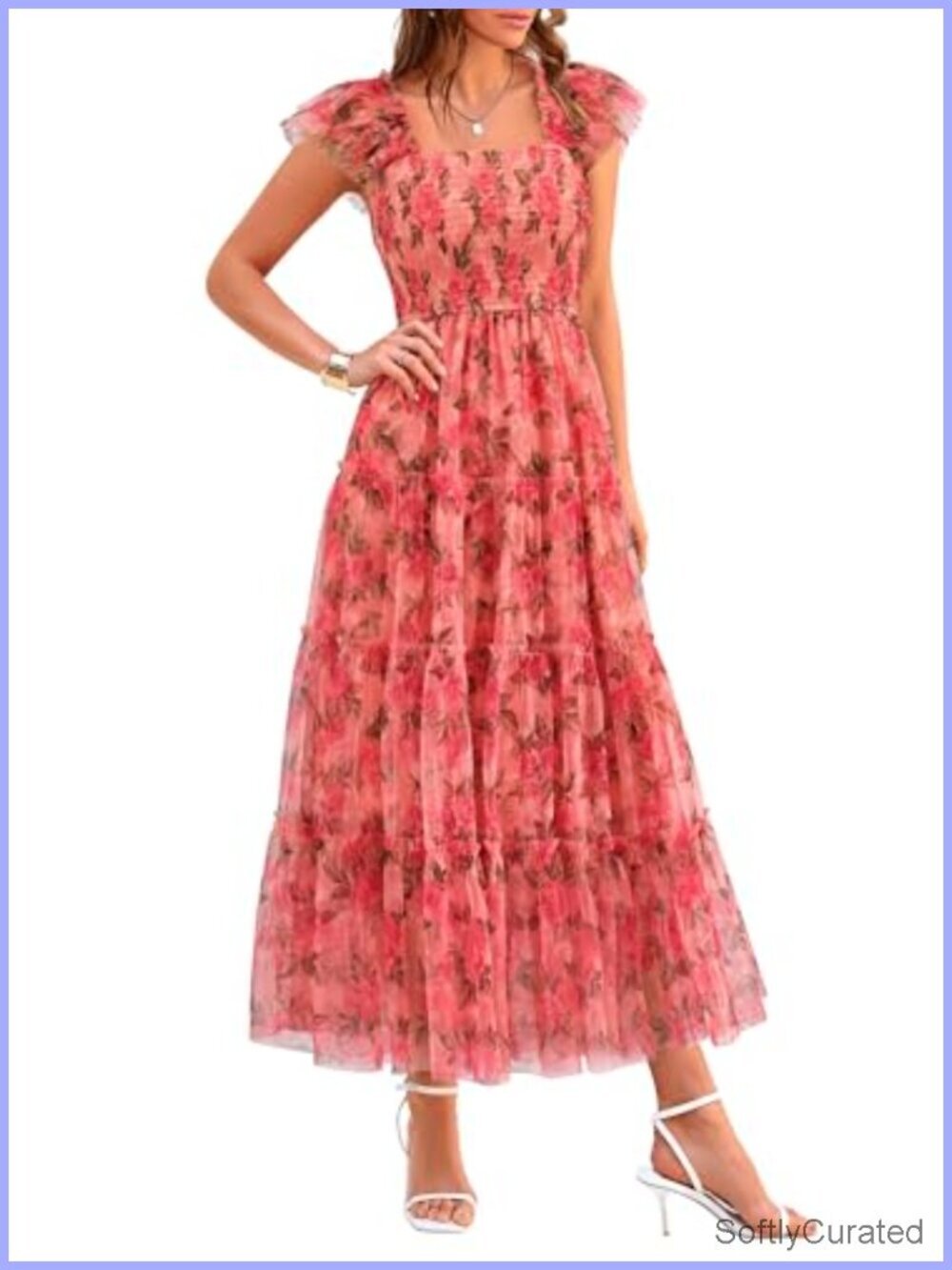 Women's Tulle Midi Dress - Sleeveless Smocked Ruffle Sundress